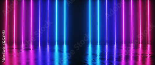 Fototapeta Naklejka Na Ścianę i Meble -  Futuristic Sci-Fi Abstract Blue And Purple Neon Light Shapes On Black Background And Reflective Concrete With Empty Space For Text 3D Rendering Illustration