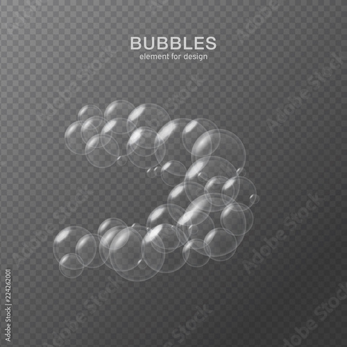 White water bubbles on transparent background with reflection. Set. Vector illustration