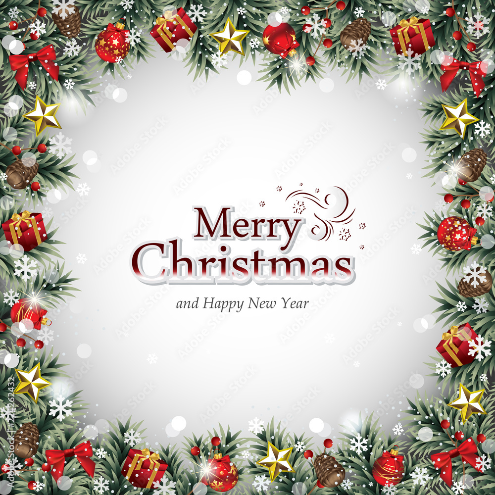 Decorative Christmas Frame with Ornaments, Pine Cones, Fir Branches and Berries Covered with Snowflakes Decorative Christmas Frame with Ornaments, Pine Cones, Fir Branches and Berries Covered with Snowflakes