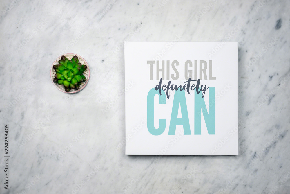 Minimal positive message flat lay on marble background - "This girl definitely can" - obrazy, fototapety, plakaty 
