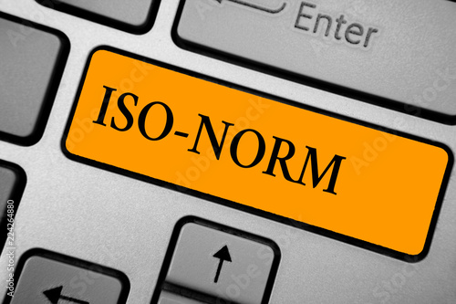 Text sign showing Iso Norm. Conceptual photo An accepted standard or a way of doing things most people agreed Keyboard orange key Intention create computer computing reflection document photo