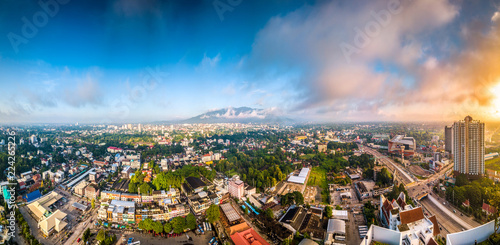 CHIANG MAI, THAILAND- AUGUST 7, 2018 : Aerial Panorama View of Chiang Mai City with sunrise and clouds, Thailand.
