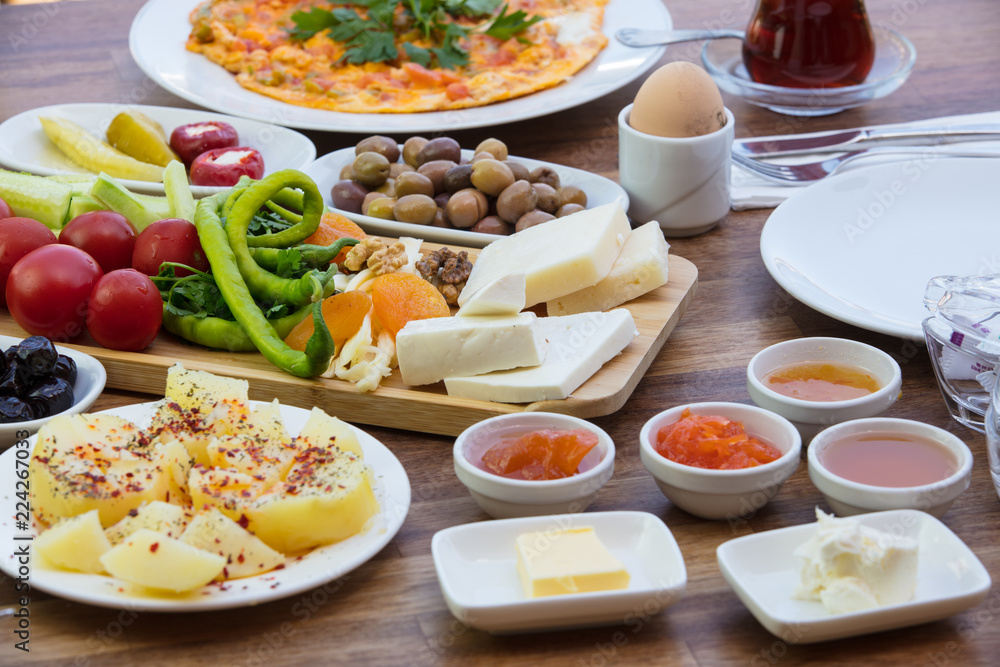 travel concept setup with traditional turkish breakfast