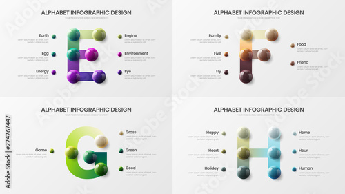 Amazing vector alphabet infographic 3D realistic colorful balls presentation bundle. Creative bright multicolor character design illustration layout. Modern art symbol visualization template set.