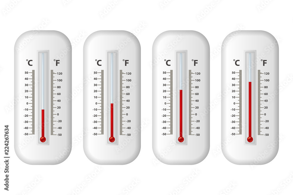 Vector realistic 3d celsius and fahrenheit meteorology, weather thermometer icon set closeup isolated on white background. Clip art, design template for graphics. Thermometers with different levels Vector realistic 3d celsius and fahrenheit meteorology, weather thermometer icon set closeup isolated on white background. Clip art, design template for graphics. Thermometers with different levels