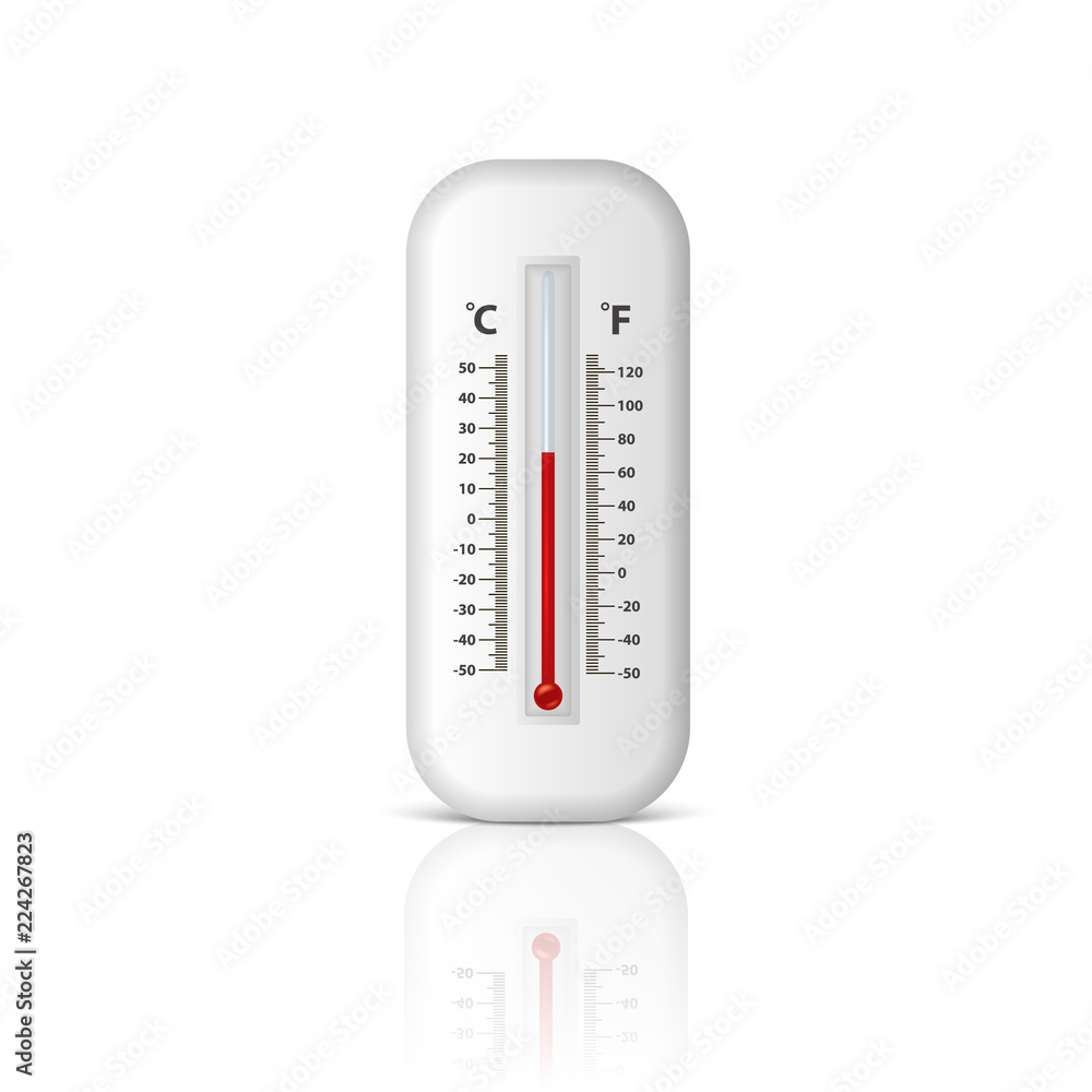 Vecteur Stock Vector realistic 3d white celsius and fahrenheit meteorology,  weather thermometer icon closeup isolated on white background with  reflection. Clip art, design template for graphics | Adobe Stock