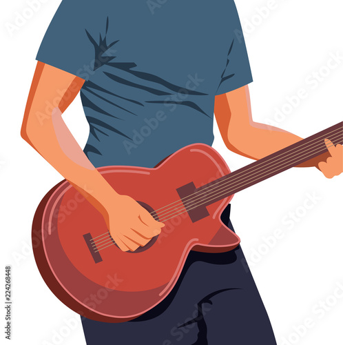 Vector illustration of hands playing light brown acoustic guitar. Close up, blue-green background, horizontal format.