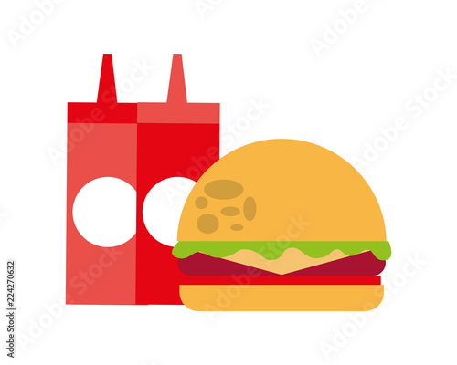delicious hamburger with bottle of sauces isolated icon