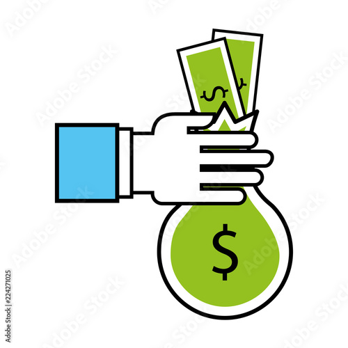 hand with bag money isolated icon