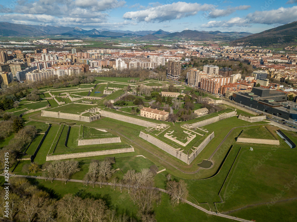 Aerial view of Pamplona citadel with blue clodu sky background on a spring morning with bastions, moat, lunette, ravelin in Navarra Spain