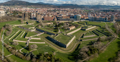 Vászonkép Aerial view of Pamplona citadel with blue clodu sky background on a spring morni