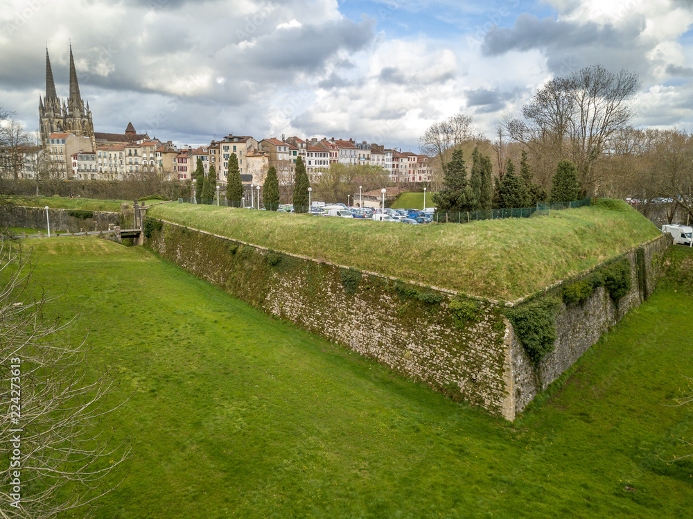 Panoramic view of Bayonne castle, bastions, cathedral in Basque county, France