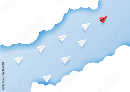 Paper airplanes flying on blue sky.Paper art style of business leadership and teamwork creative concept idea.Vector illustration.