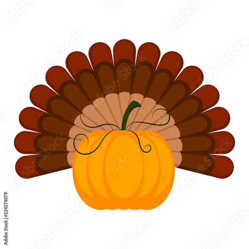 Pumpkin with turkey feathers icon. Thanksgiving