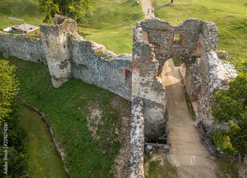 Aerial view of the gate tower in medieval ruined Saris castle in Slovakia