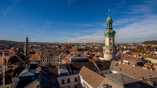 Fényképezés Aerial view of medieval sopron with fire tower and blue sky in Hungary
