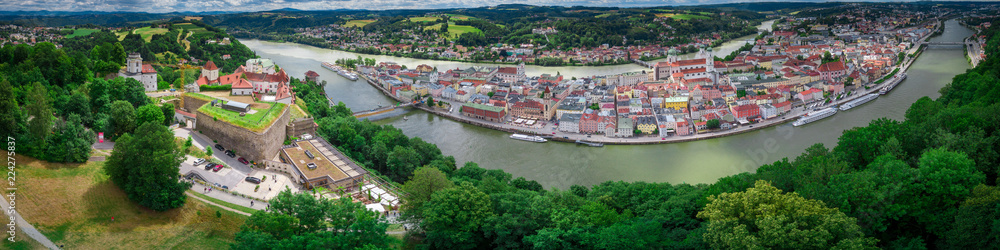 Passau castle and town view aerial panorama Bavaria Germany with the Danube
