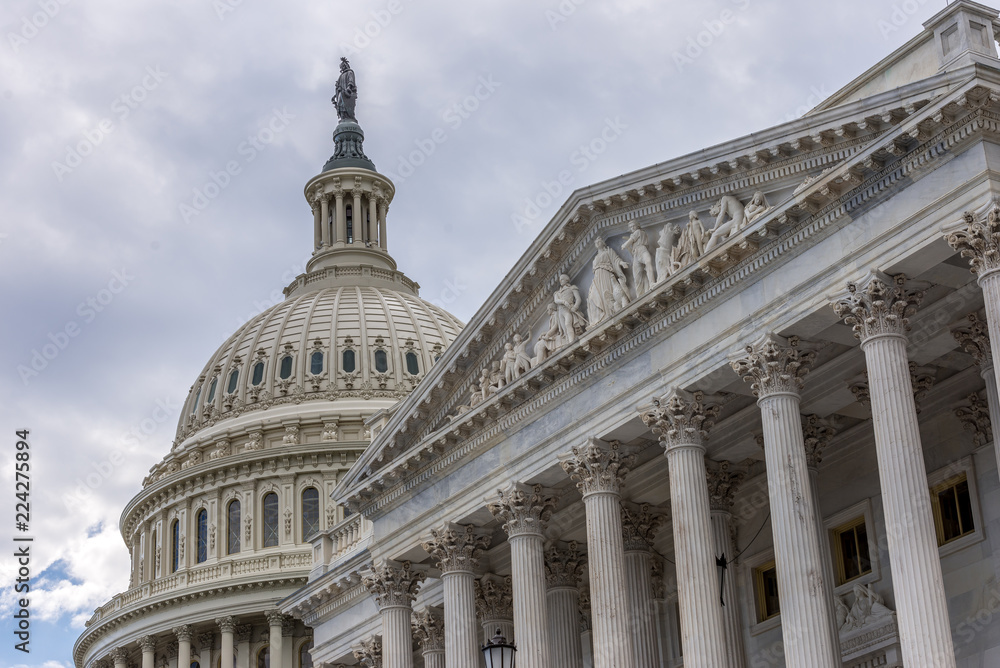 US Capitol Senate building in Washington DC with light blue sky