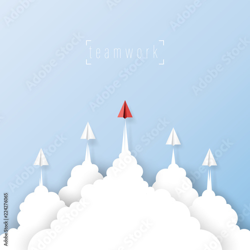 Paper airplanes flying from clouds on blue sky.Paper art style of business leadership and teamwork creative concept idea.Vector illustration.