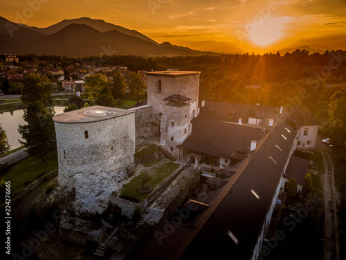 Aerial sunset view of Liptovsky Hradok renaissance luxury castle hotel in Slovakia photo