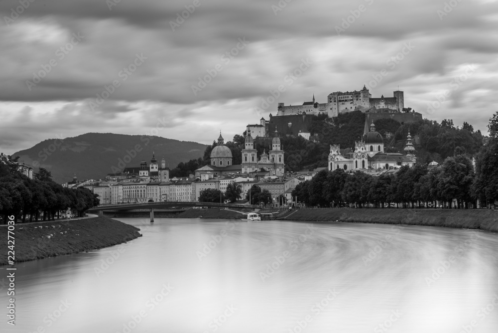 Black and white panorama of Salzburg Austria with castle and cathedral