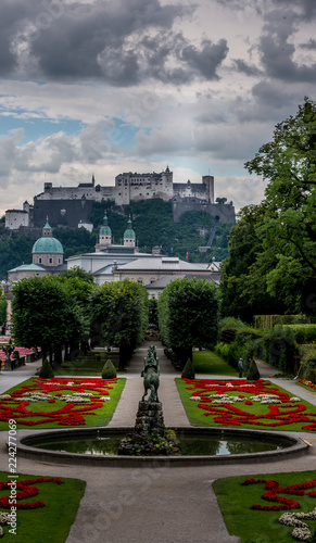 Panoramic view of Salzburg with castle, cathedrl and dramatic sky 