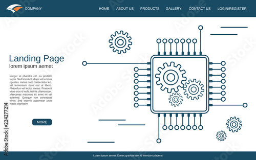 Website landing page vector template. White background with processor thin line illustration