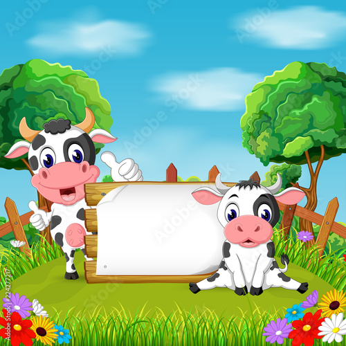 the nature view with the wooden board blank space and two cow holding it

