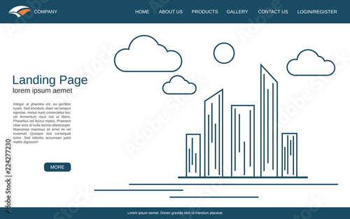 Website landing page vector template. White background with downtown thin line illustration
