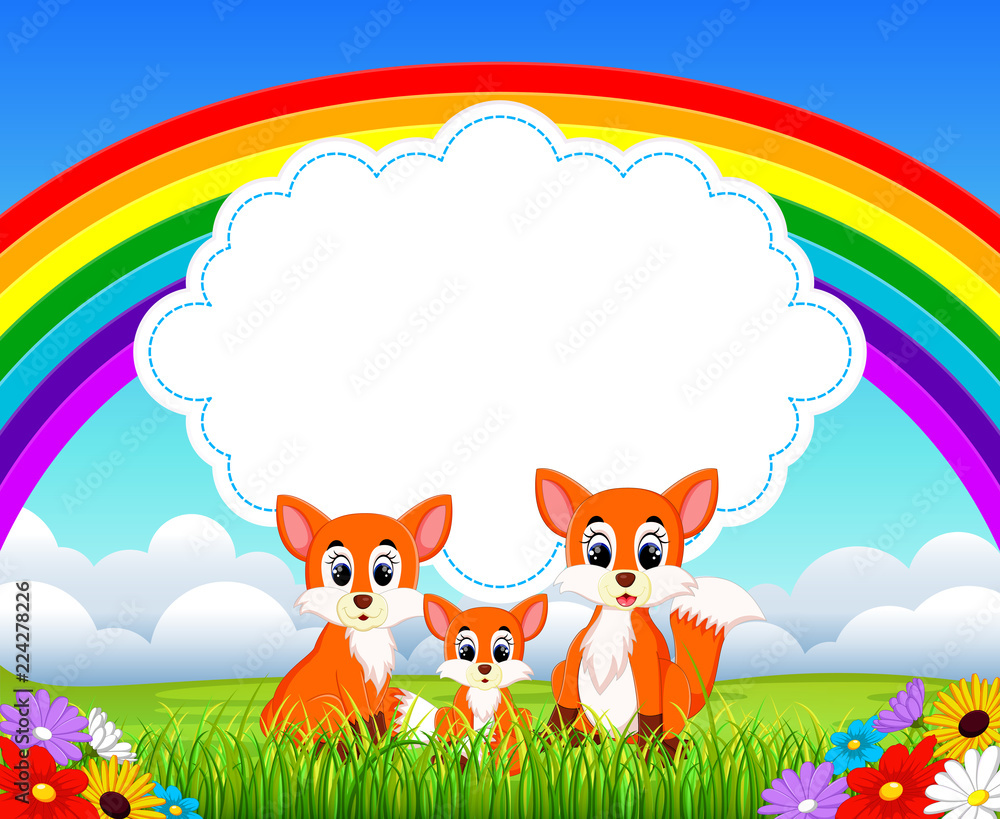 Fototapeta premium the nature view with the cloud board blank space and fox's family pose infront of it 