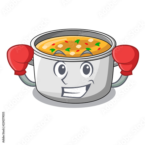 Boxing vegetable soup with pasta in pot cartoon