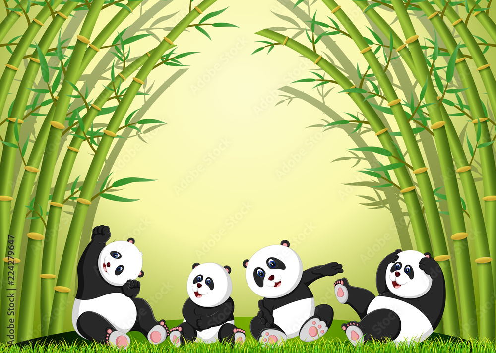 Naklejka premium the panda action playing together under the bamboo 