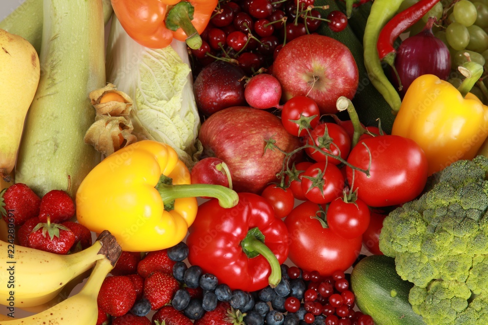 Assorted produce - bell peppers, apples, berries, blueberries
