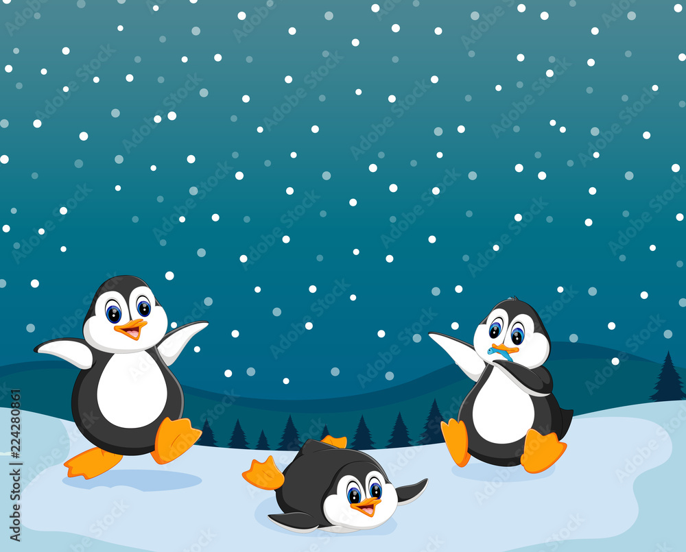 the beautiful view with three penguin playing on the snow
the beautiful view with three penguin playing on the snow