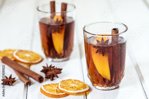 Mulled wine in night celebration of New Year party and delicious Christmas drink for autumn and winter season