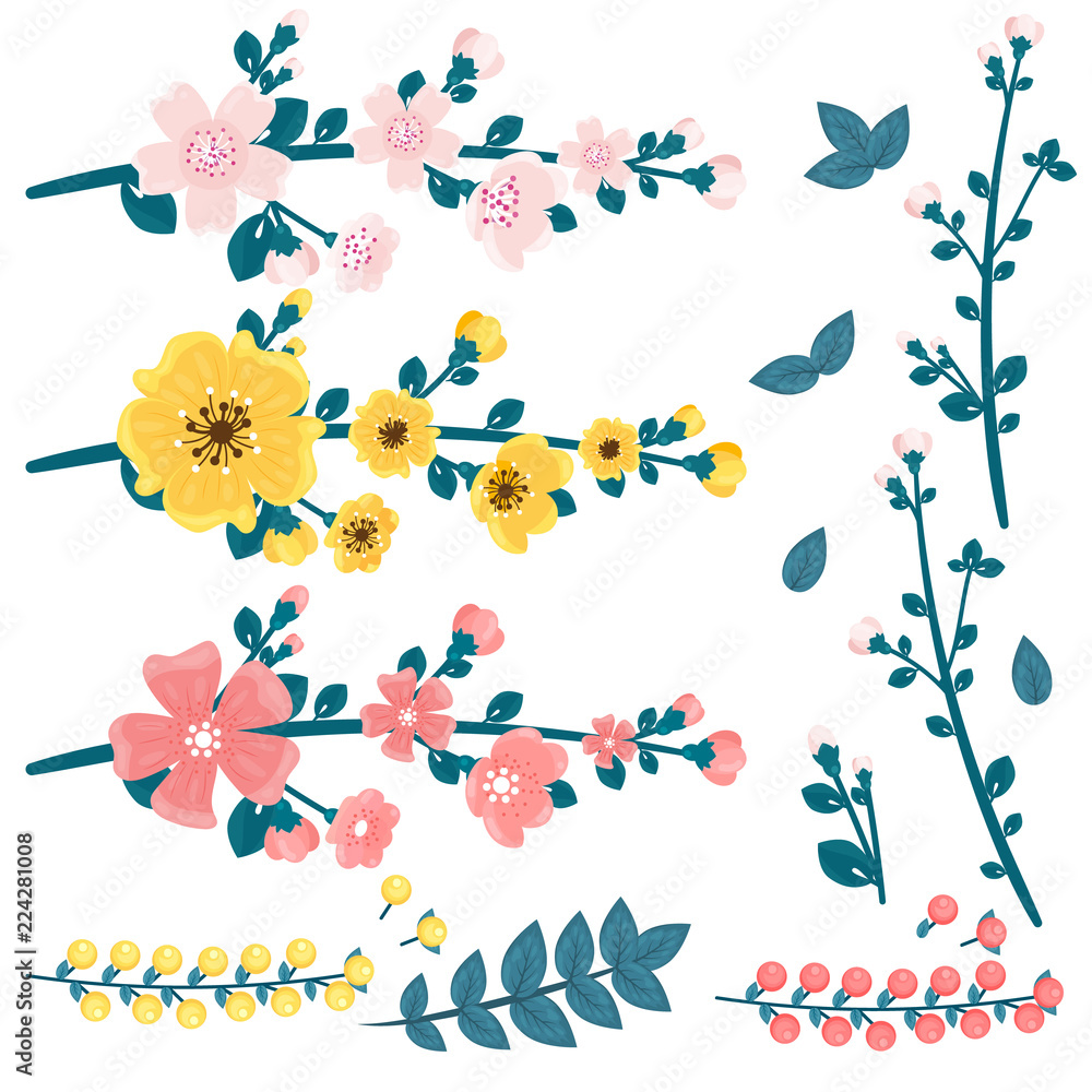 Set of spring flowers in flat style.Spring theme. Set of spring flowers in flat style.Spring theme.