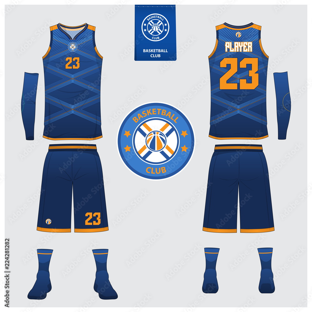 Basketball Uniform Or Jersey, Shorts, Socks Template For Basketball Club.  Front And Back View Sport Uniform. Tank Top T-shirt Mock Up With Basketball  Flat Logo Design On Label. Vector Illustration. Royalty Free