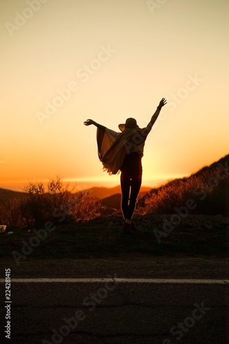 Silhouette of Fashionable Girl during Sunset