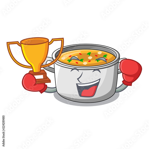 Boxing winner cartoon homemade stew soup in the pot