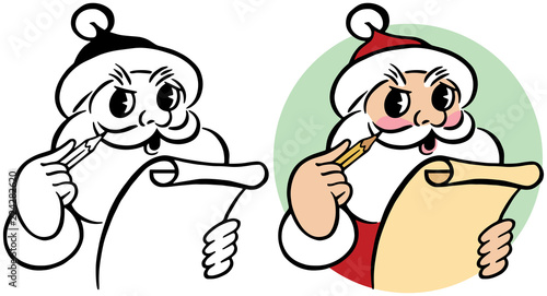 A cartoon portrait of Santa Claus making a list and checking it twice. 
