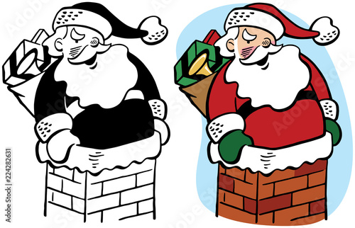 A cartoon of Santa Claus stuck in a chimney on Christmas Eve