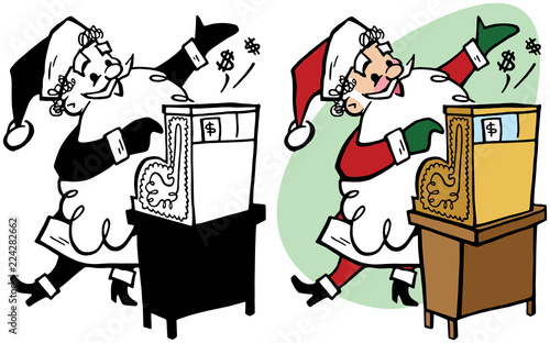 Santa Claus ringing up Christmas holiday sales on a cash register. 