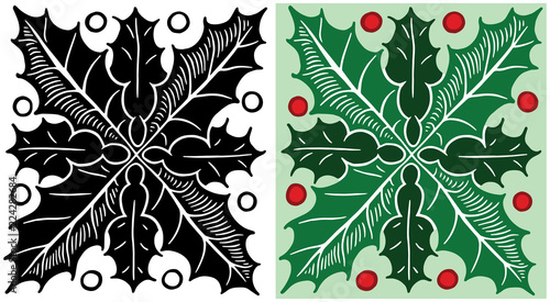 A Christmas holiday pattern of holly leaves and berries. 
