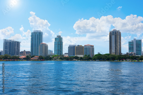 Saint Petersburg  Florida  buildings cityscape along the blue water shoreline of Tampa Bay on a beautiful sunny afternoon.