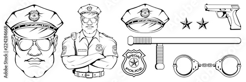 policeman standing in a different pose, weapon, police officer in uniform, officer logo, officer hat, gun, professional police character, handgun, vector graphics to design