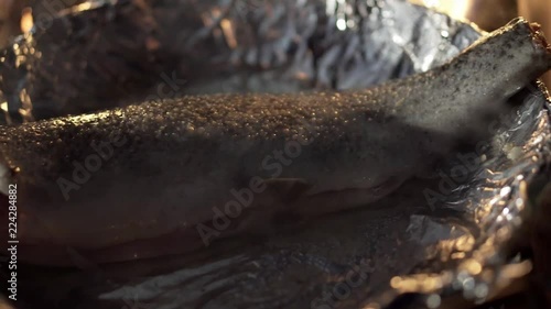 Cooking a fish while camping in aluminium foil. HD. photo