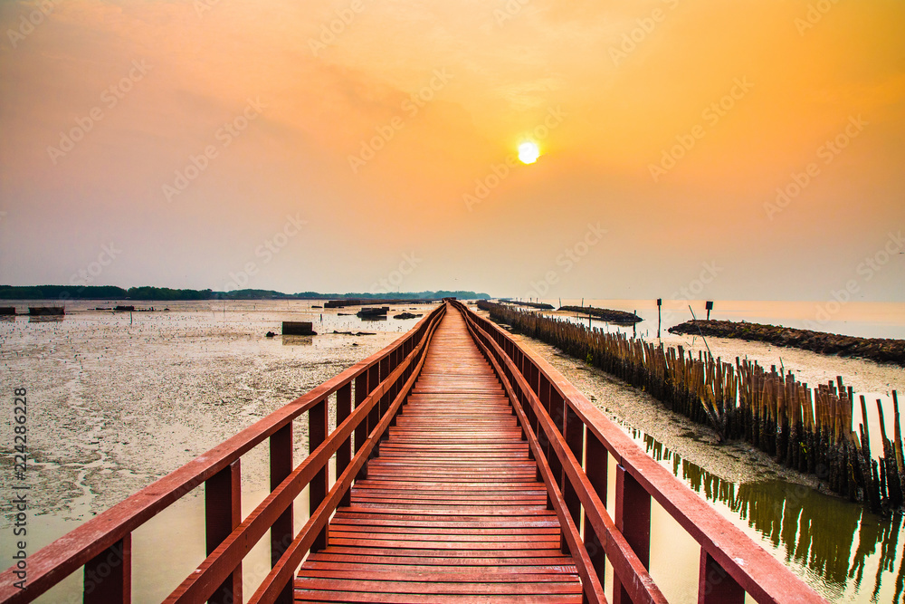 Fototapeta premium Beauty in nature red bridge long way and sunlight in morning landscape
