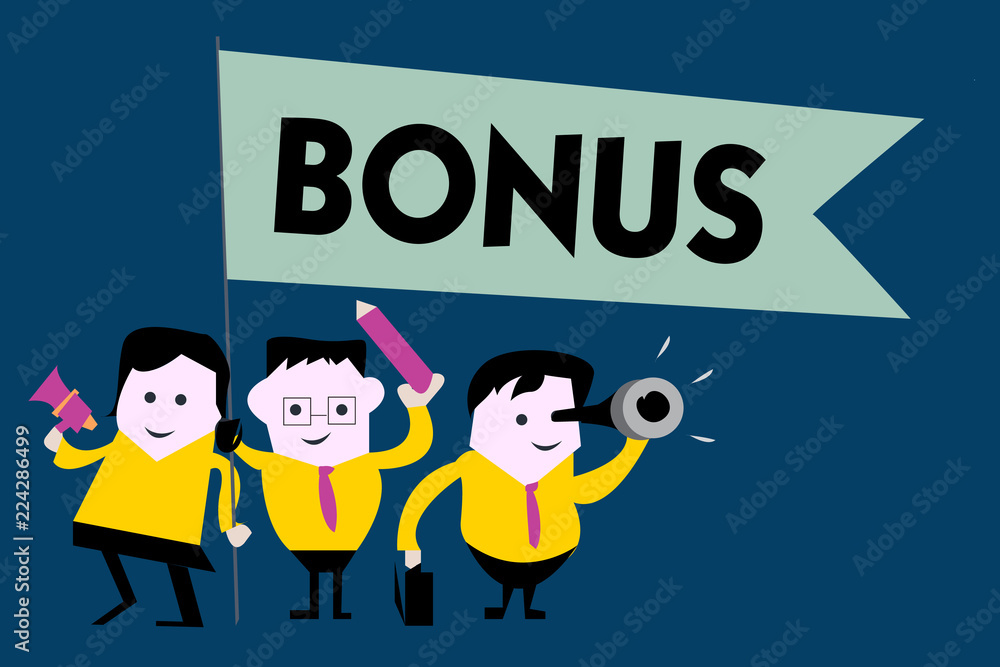 Writing note showing Bonus. Business photo showcasing Reward for good performance Extra dividend and money added to wages. Writing note showing Bonus. Business photo showcasing Reward for good performance Extra dividend and money added to wages.