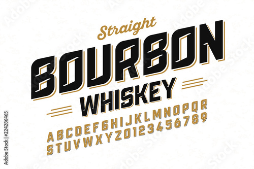 Vintage font design, whiskey lable style alphabet letters and numbers