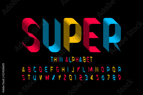 3d super thin font design, alphabet letters and numbers